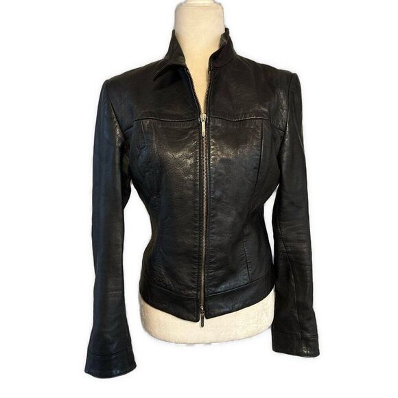 Identity Solid Black Genuine Leather Long Sleeve Zip Up Biker Jacket 6 Small - Picture 1 of 4